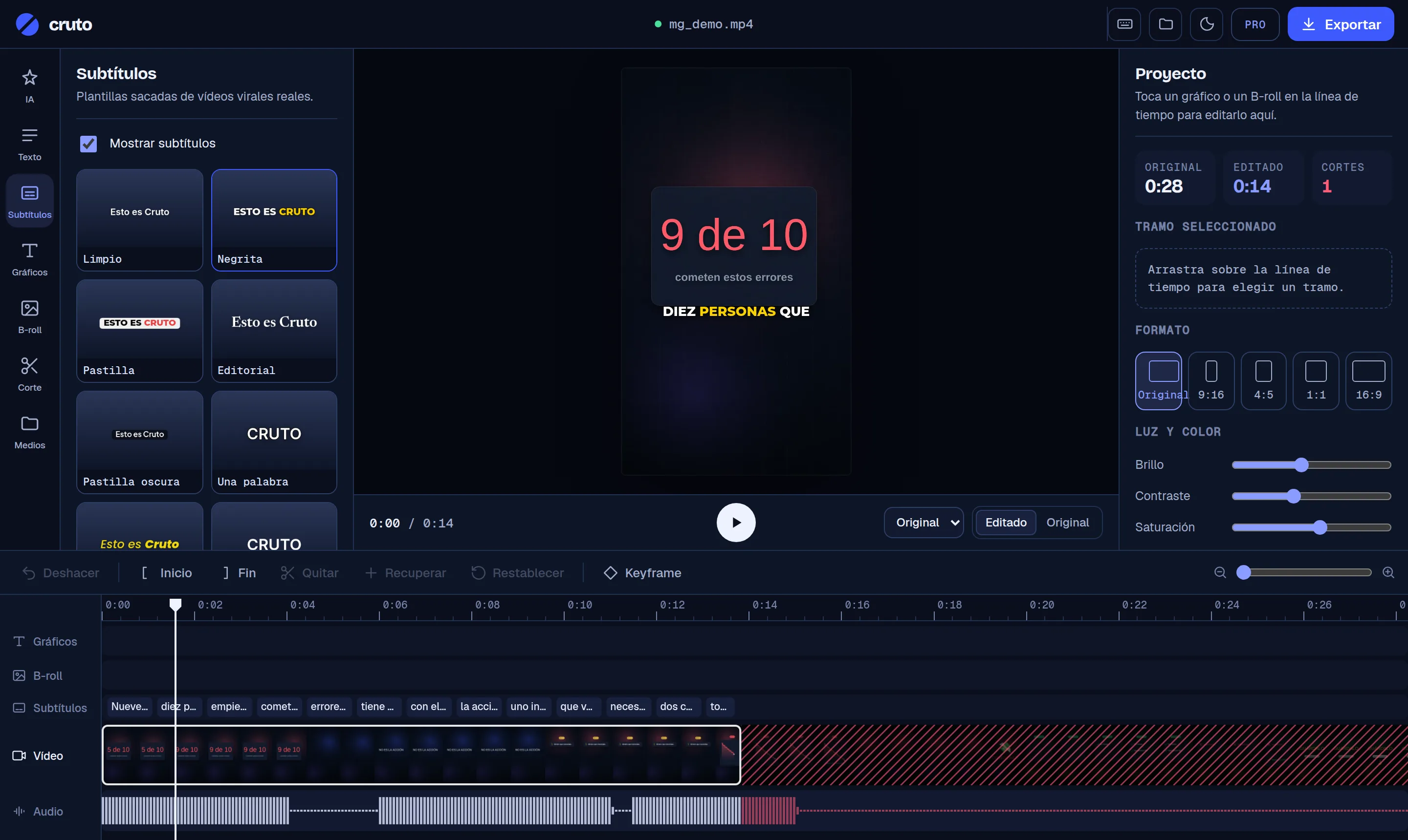The Cruto editor: timeline with silences removed, viral captions and the video in 9:16