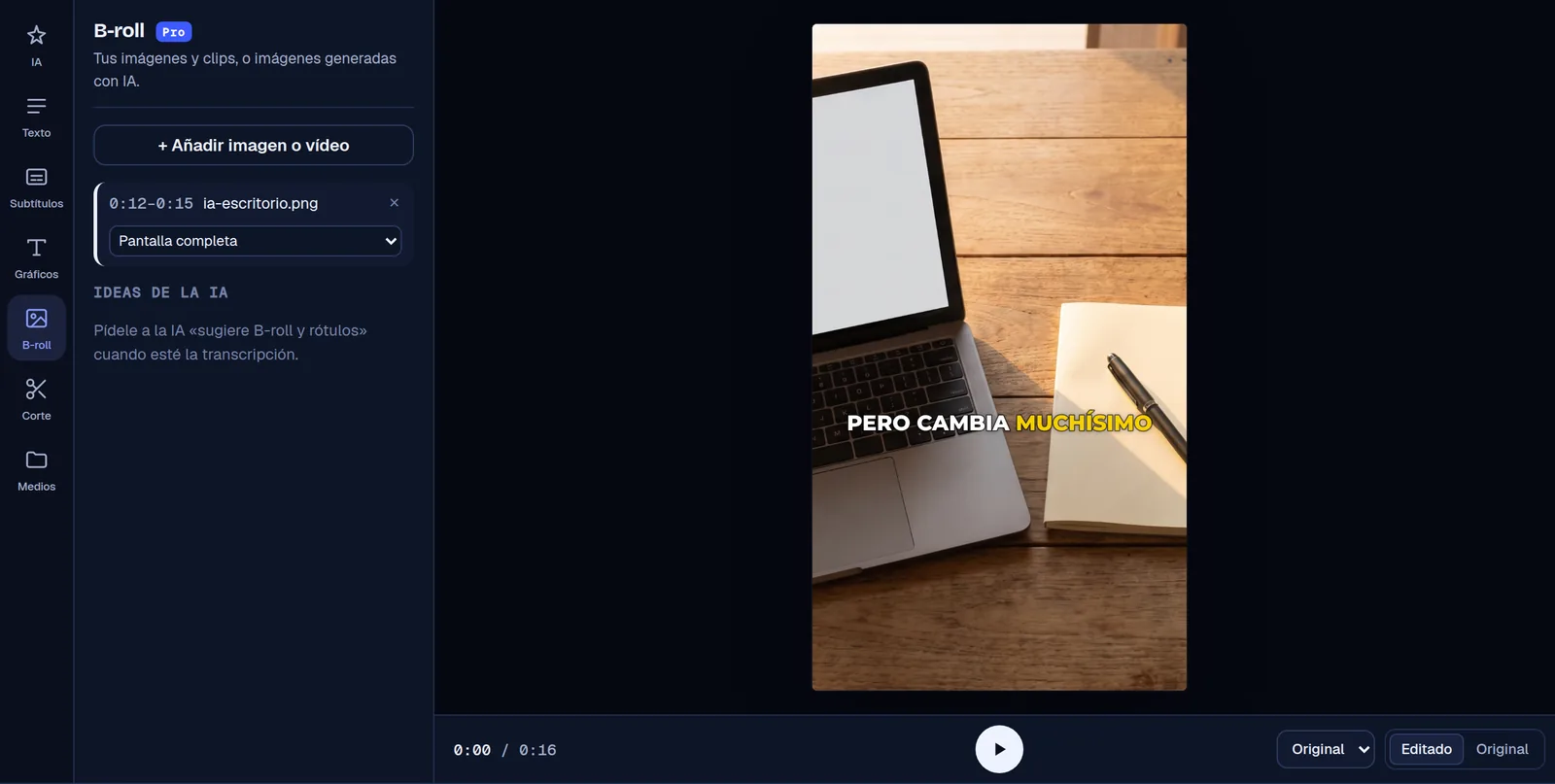B-roll in the Cruto editor: a full-screen image over the video, with its purple layer on the timeline