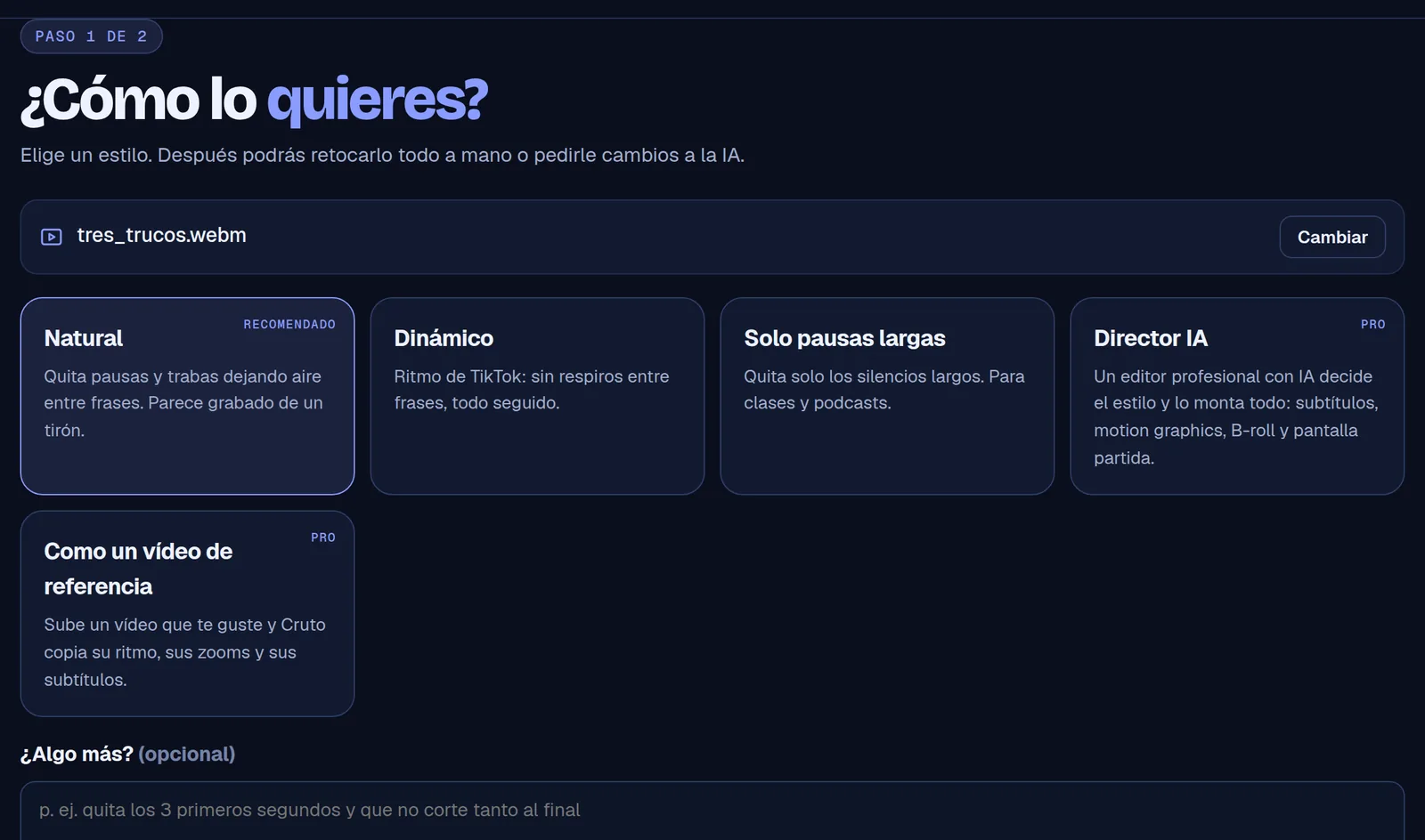 Cruto step 1: choose an editing style (Natural, Dynamic, Long pauses only, AI Director or Like a reference video)