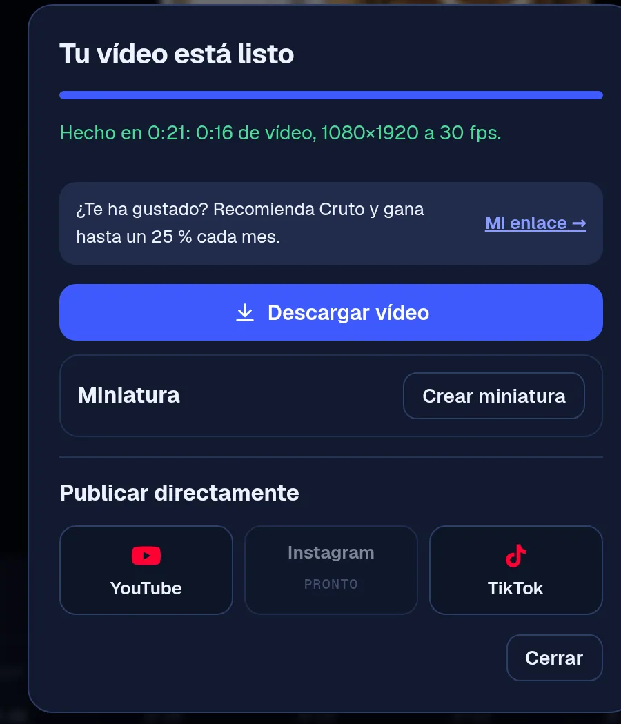 Cruto window after exporting: download the video, create a thumbnail and publish to YouTube or TikTok