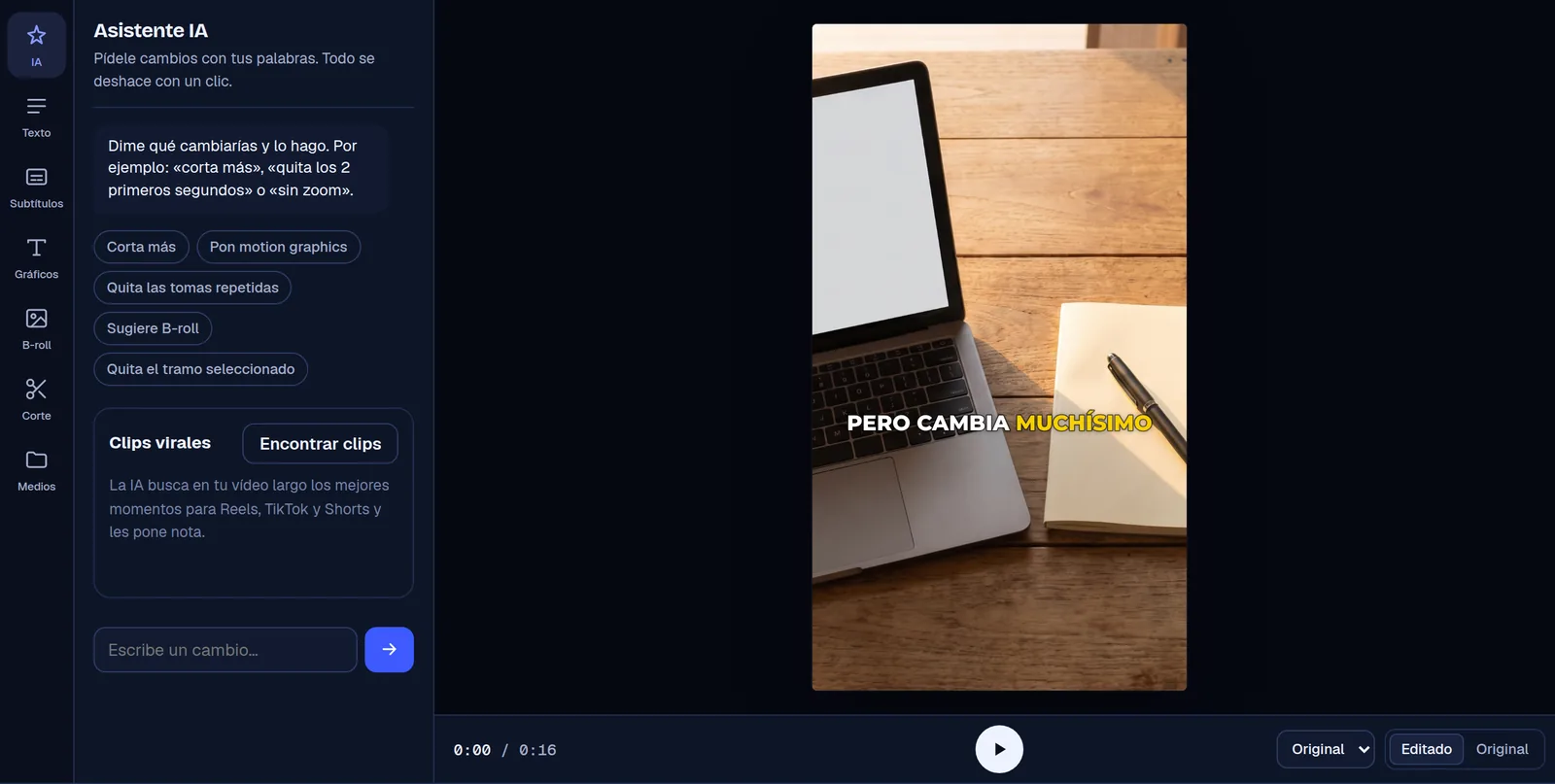 AI assistant in the Cruto editor: quick requests like “Cut more” or “Remove repeated takes” and the viral clip finder