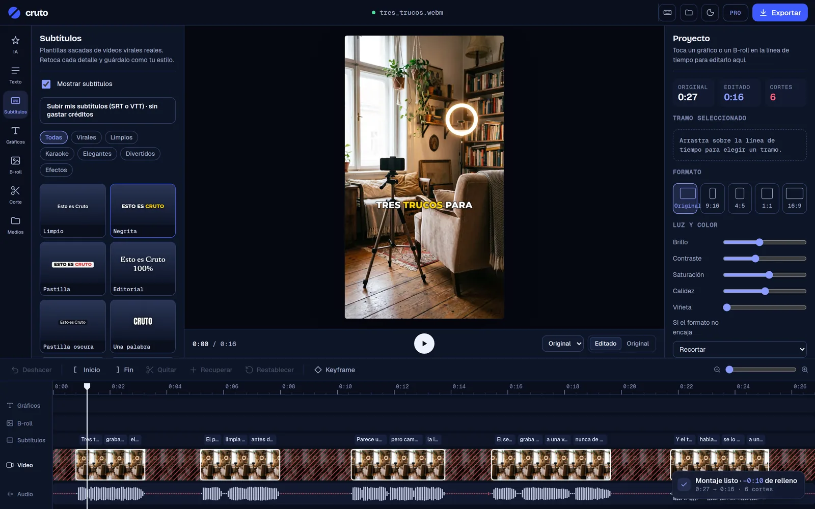 The Cruto editor with a vertical video already edited: captions panel, preview with viral captions and a timeline with the silences removed