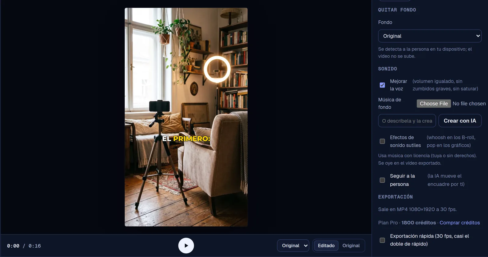Sound settings in the Cruto editor: enhance voice, background music (yours or AI-made) and subtle sound effects