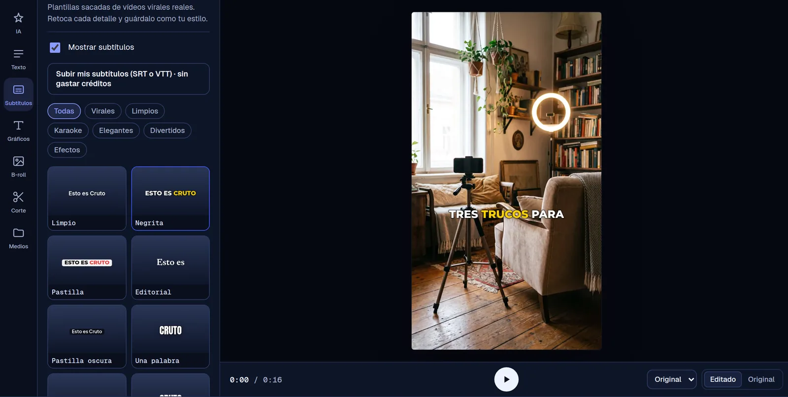Cruto captions panel with the viral templates and the preview in the Bold style